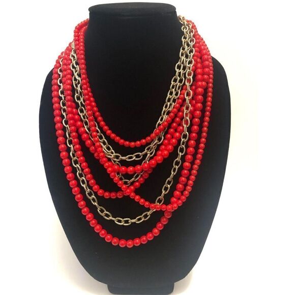 01 Kenneth Lane Vintage red bead & twist chain multi strand statement necklace - Picture 1 of 3